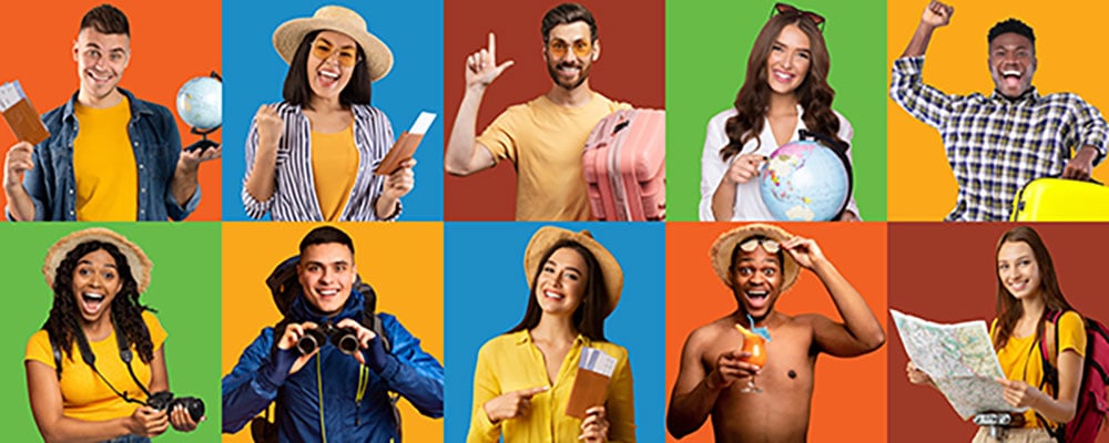Excited millennials going vacation, set of photos
