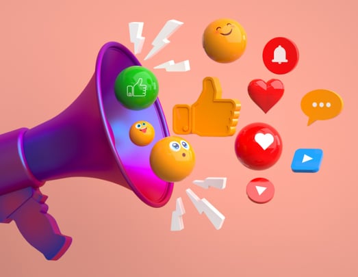 Megaphone with emojis and social icons to reflect marketing efforts
