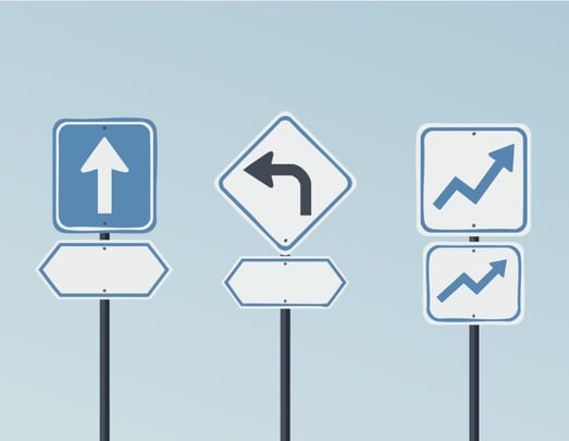 image showing three signs one signaling forward one signaling a turn and one signaling growth