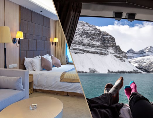 split image one side showing hotel room one side showing couple looking out a window to an iceberg