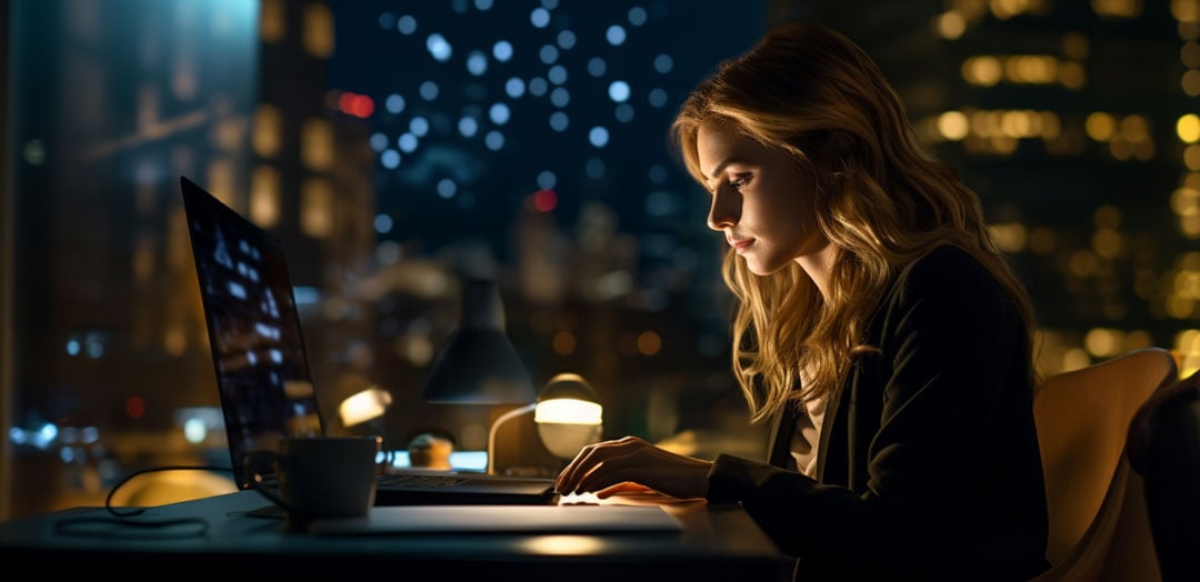 Woman working late on her laptop