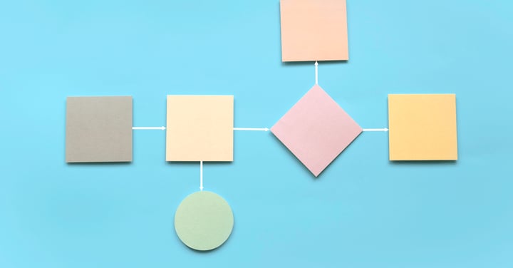 Shapes on a blue backdrop connecting simulating process mapping