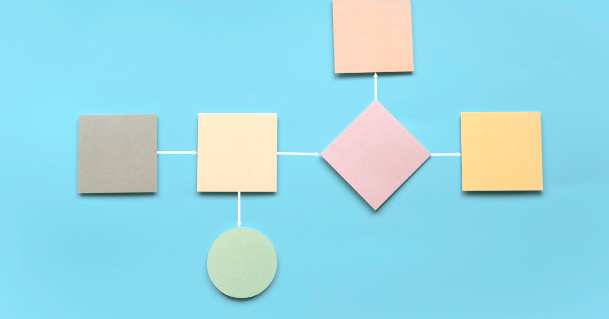 Shapes on a blue backdrop connecting simulating process mapping