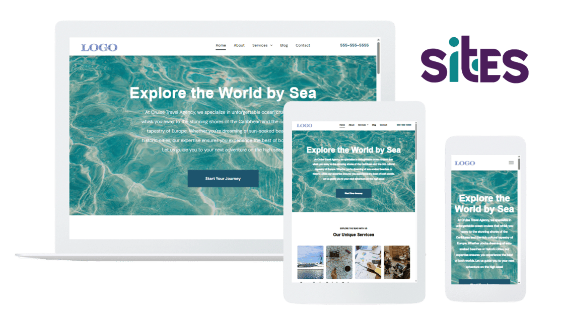 WorldVia Sites, award-winning website builder for travel advisors, shown on mobile, tablet, and laptop