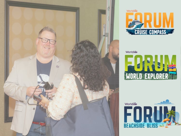 WorldVia CEO Jason Block speaking with travel advisor with Forum logos on side
