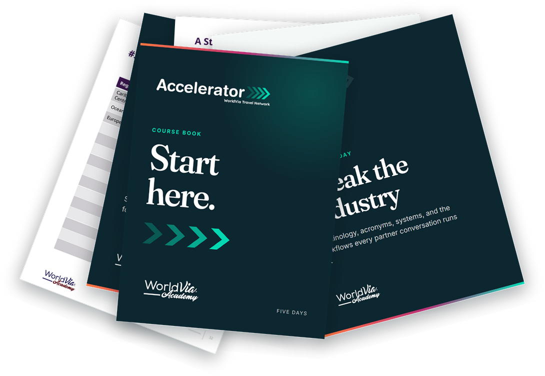 The Accelerator course book fanned out: the cover, Day 1, Day 3, and Day 5 section openers, and interior workbook pages