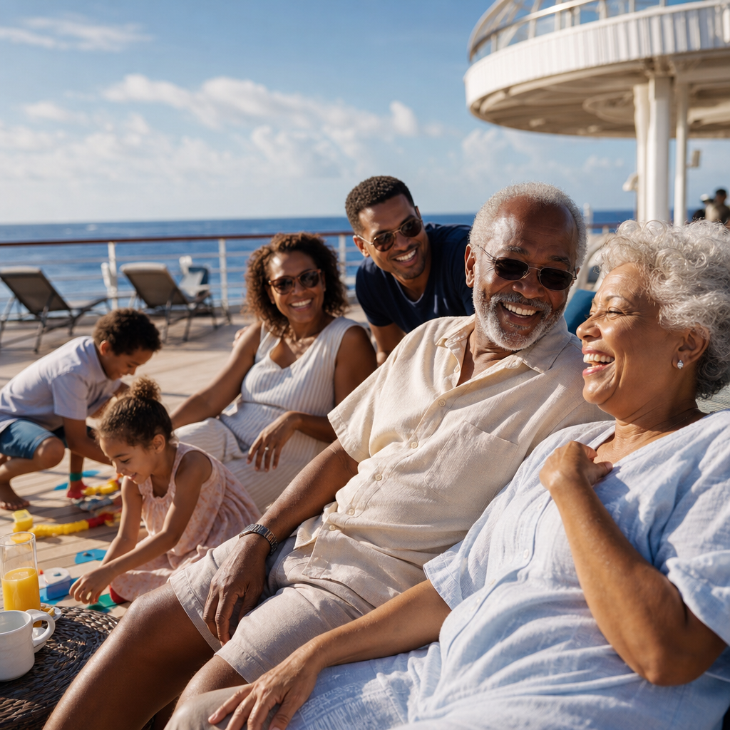 MultiGenerational Family Laughs on Sunny Cruise Deck