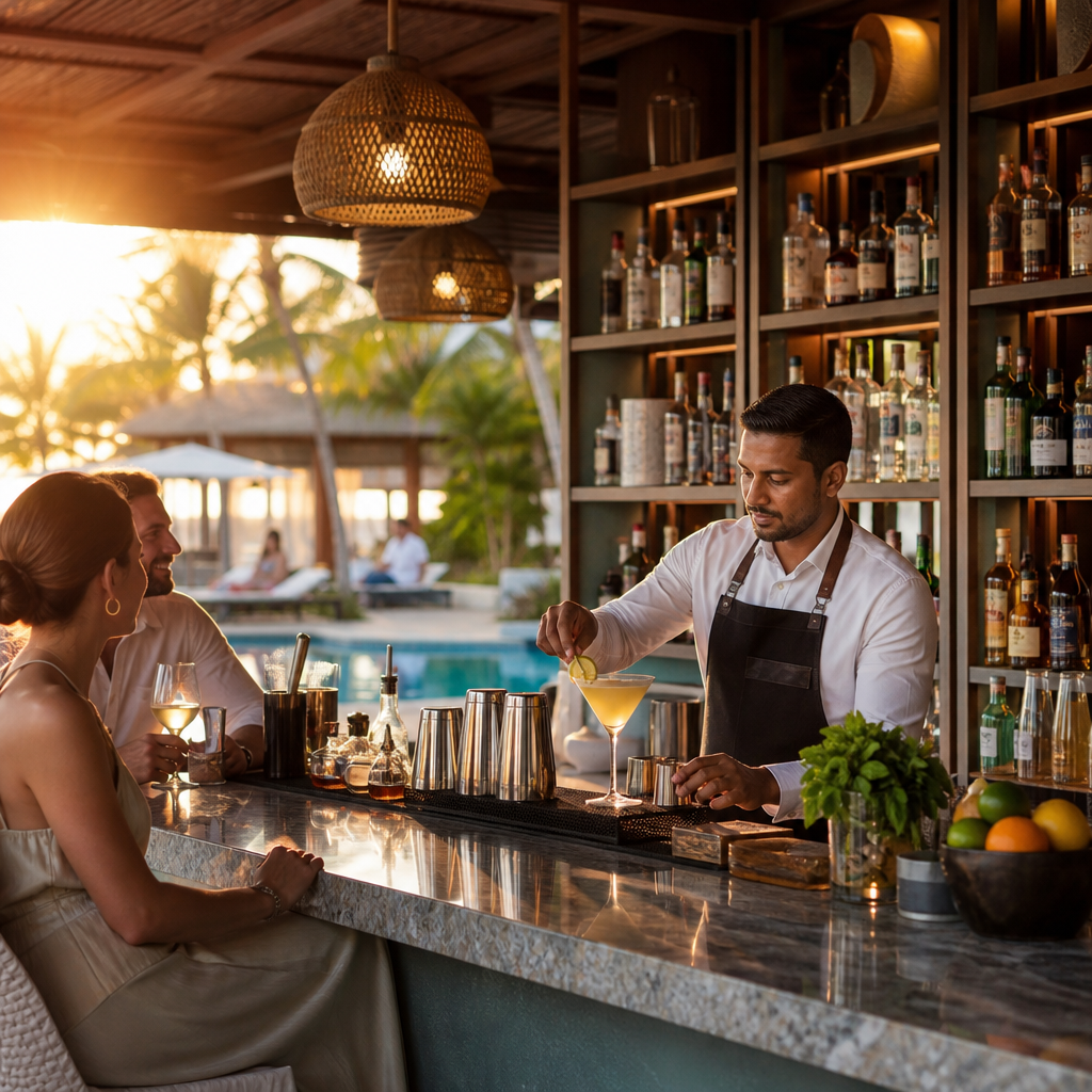 Tropical Poolside Bar with Golden Hour Sunlight